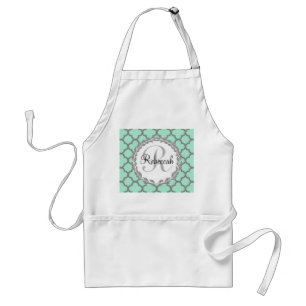 Mint Green Grey Quatrefoil Name Monogram Standaard Schort