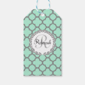 Mint Green Grey Quatrefoil Name Monogramed Laurel Cadeaulabel (Voorkant)