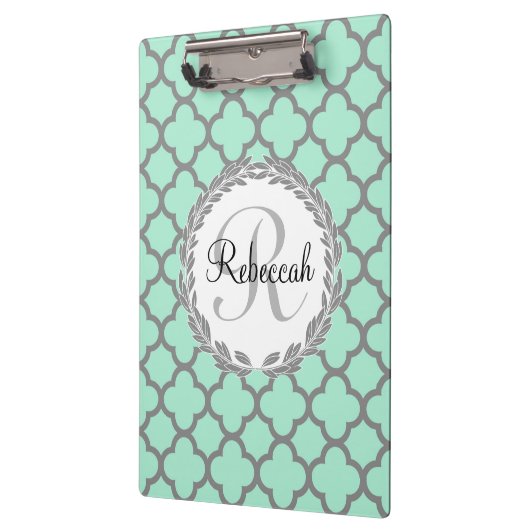 Mint Green Grey Quatrefoil Name Monogramed Laurel Klembord (Links)