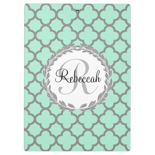 Mint Green Grey Quatrefoil Name Monogramed Laurel Klembord (Achterkant)