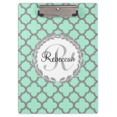 Mint Green Grey Quatrefoil Name Monogramed Laurel Klembord (Voorkant)