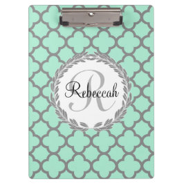 Mint Green Grey Quatrefoil Name Monogramed Laurel Klembord