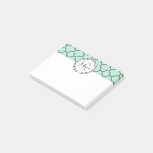 Mint Green Grey Quatrefoil Name Monogramed Laurel Post-it® Notes (Schuin)