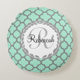 Mint Green Grey Quatrefoil Name Monogramed Laurel Rond Kussen