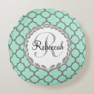 Mint Green Grey Quatrefoil Name Monogramed Laurel Rond Kussen