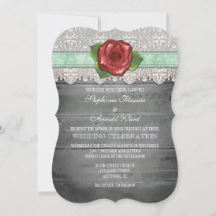 Mint Green Grey Rustic Wood Roos Wedding Invite Kaart