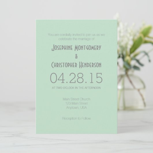 Mint Green Grey Simple Modern Wedding Invitation Kaart (Staand voorkant)
