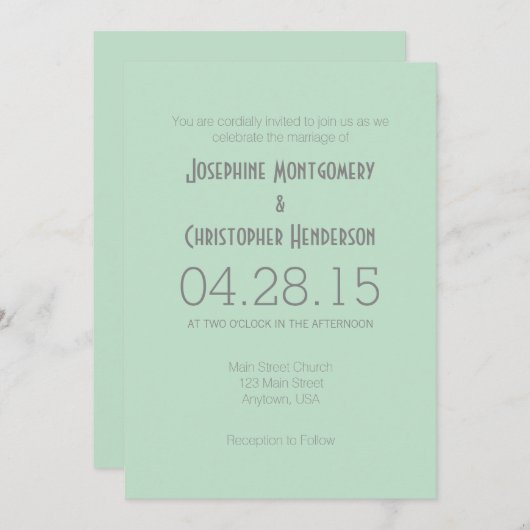 Mint Green Grey Simple Modern Wedding Invitation Kaart (Voorkant / Achterkant)