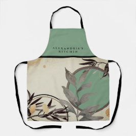 Mint Green & Grey Waterverf Leaf | Naam + Keuken Schort