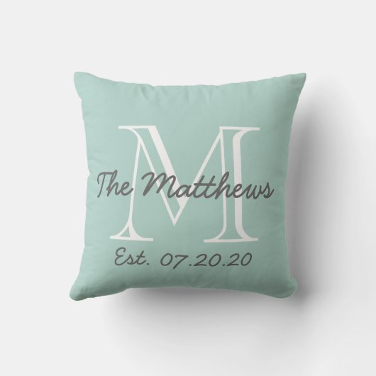 Mint Green Grey White Family Monogram Kussen (Achterkant)