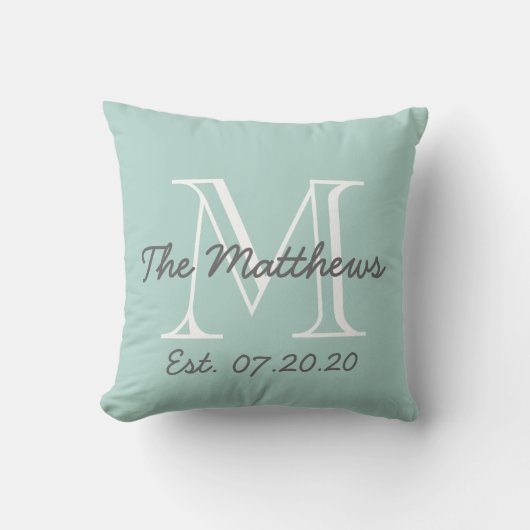 Mint Green Grey White Family Monogram Kussen (Voorkant)