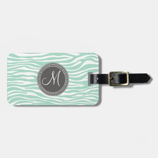 Mint Green & Grey Zebra Monogram Patroon Bagagelabel (Voorkant horizontaal)