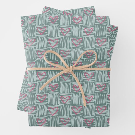 Mint Green Hand-Drawn Hearts Pattern Inpakpapier Vel (In situ)