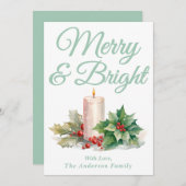 Mint Green Handgeschreven Script Merry & Bright Feestdagenkaart (Voorkant / Achterkant)