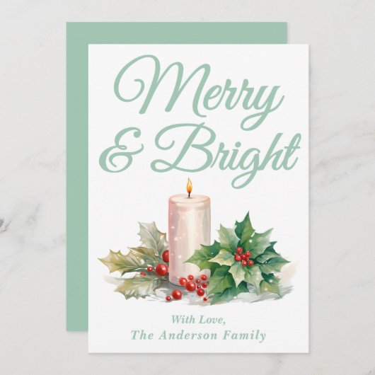 Mint Green Handgeschreven Script Merry & Bright Feestdagenkaart (Voorkant / Achterkant)