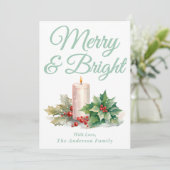 Mint Green Handgeschreven Script Merry & Bright Feestdagenkaart (Staand voorkant)