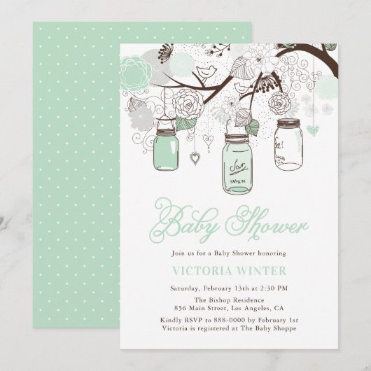 Mint Green Hanging Mason Jars Floral Baby shower Kaart (Voorkant / Achterkant)
