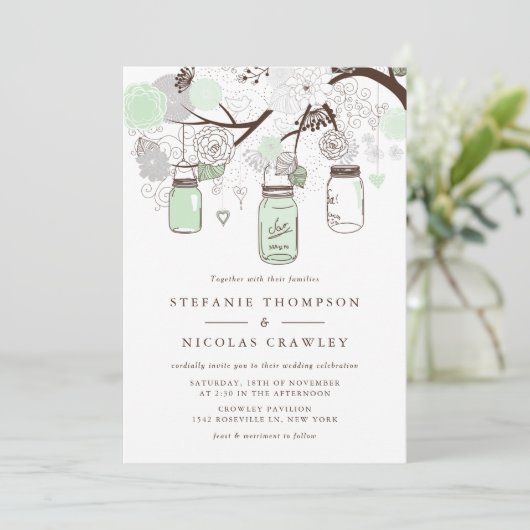 Mint Green Hanging Mason Jars Wedding Kaart (Staand voorkant)