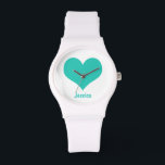 Mint Green Heart - Gepersonaliseerd naamhorloge Horloge<br><div class="desc">Grafisch ontwerp van een mintgroen hart op een witte achtergrond. U kunt het horloge personaliseren met uw eigen naam.</div>