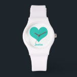 Mint Green Heart - Gepersonaliseerd naamhorloge Horloge<br><div class="desc">Grafisch ontwerp van een mintgroen hart op een witte achtergrond. U kunt het horloge personaliseren met uw eigen naam.</div>