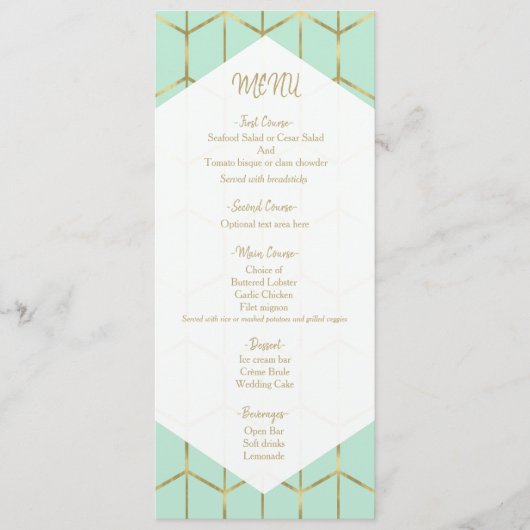Mint Green Hexagon Gold Geometrische bruiloft Menu (Voorkant)