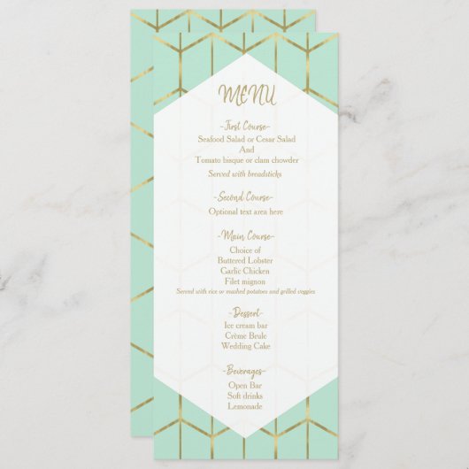 Mint Green Hexagon Gold Geometrische bruiloft Menu (Voorkant / Achterkant)