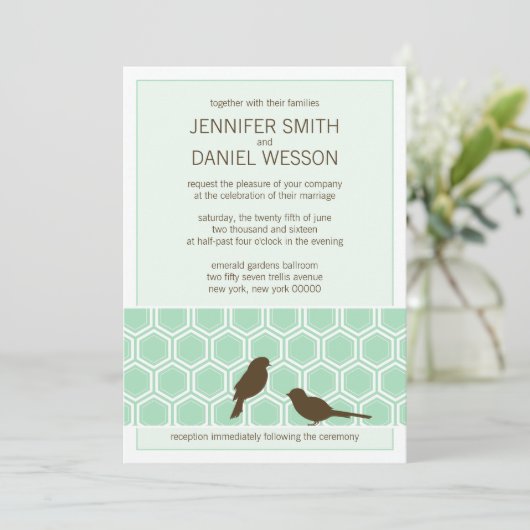 Mint Green Honeycomb Pattern Tortelduifjes Wedding Kaart (Staand voorkant)
