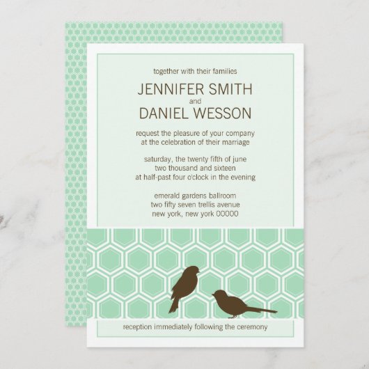 Mint Green Honeycomb Pattern Tortelduifjes Wedding Kaart (Voorkant / Achterkant)