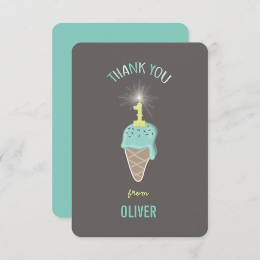 Mint Green Ice Cream Sparkler Boy's 1e Verjaardag Bedankkaart (Voorkant / Achterkant)