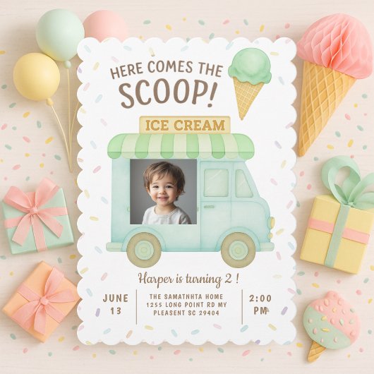 Mint Green Ice Cream Truck Photo Birthday  Kaart