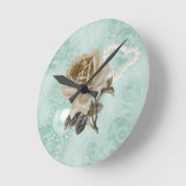 Mint Green Ivory Rozen Pearls Heart RoundWallClock Ronde Klok (Hoek)