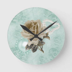 Mint Green Ivory Rozen Pearls Heart RoundWallClock Ronde Klok