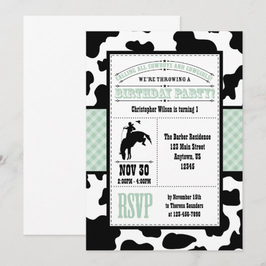 Mint Green Koeienhuid Cowboy Birthday Uitnodiging (Voorkant / Achterkant)