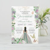 Mint Green & Lavender Rozen Butterfly Quinceanera Kaart (Staand voorkant)