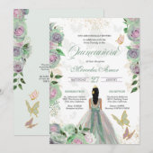 Mint Green & Lavender Rozen Butterfly Quinceanera Kaart (Voorkant / Achterkant)