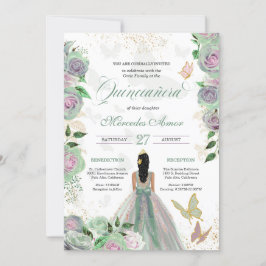 Mint Green & Lavender Rozen Butterfly Quinceanera Kaart