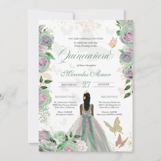 Mint Green & Lavender Rozen Butterfly Quinceanera Kaart (Voorkant)