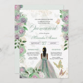 Mint Green & Lavender Rozen Butterfly Quinceanera Kaart (Voorkant / Achterkant)