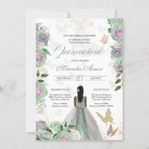 Mint Green & Lavender Rozen Butterfly Quinceanera Kaart