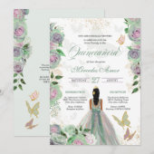 Mint Green & Lavender Rozen Butterfly Quinceanera Kaart (Voorkant / Achterkant)
