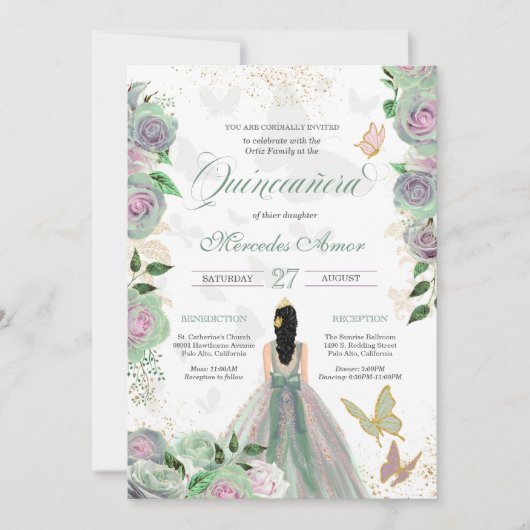 Mint Green & Lavender Rozen Butterfly Quinceanera Kaart (Voorkant)