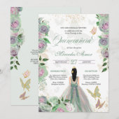 Mint Green & Lavender Rozen Butterfly Quinceanera Kaart (Voorkant / Achterkant)