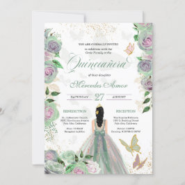 Mint Green & Lavender Rozen Butterfly Quinceanera Kaart