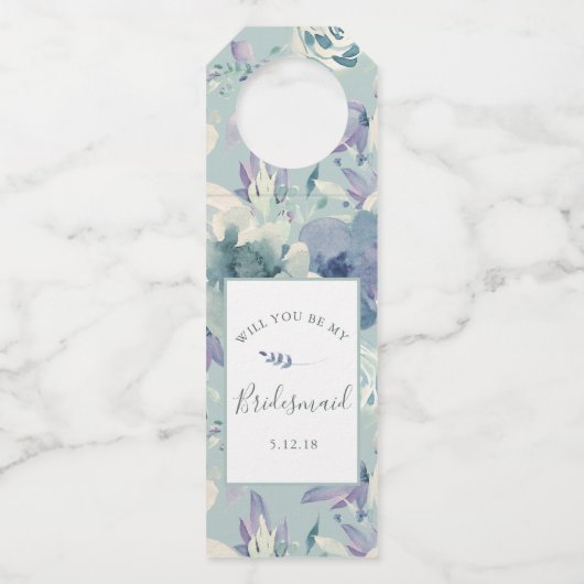 Mint Green & Lavender Waterverf Floral Bridesmaid Flessenhanger (Voorkant)