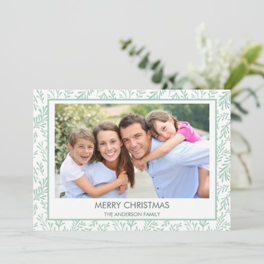 Mint Green Leaf Pattern Simple Merry Christmas Feestdagenkaart (Staand voorkant)