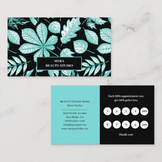 Mint Green Leafy Monogram Name Business Card Visitekaartje (Voorkant / Achterkant)