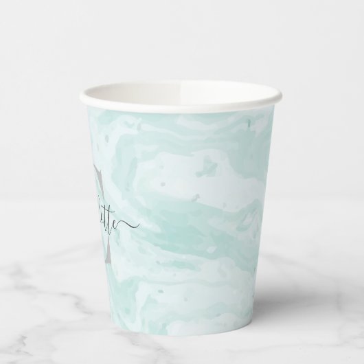 Mint Green Marble Custom Monogrammed Papieren Bekers (Links)