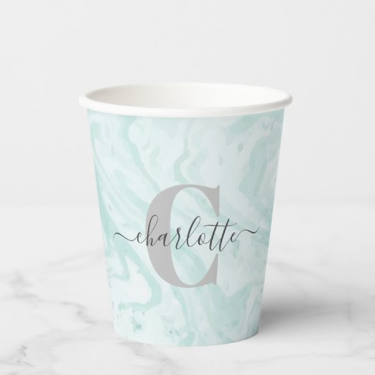 Mint Green Marble Custom Monogrammed Papieren Bekers (Voorkant)