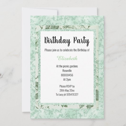 Mint Green Marble Floral Glitter Birthday Kaart (Voorkant)