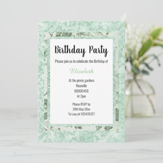Mint Green Marble Floral Glitter Birthday Kaart (Staand voorkant)